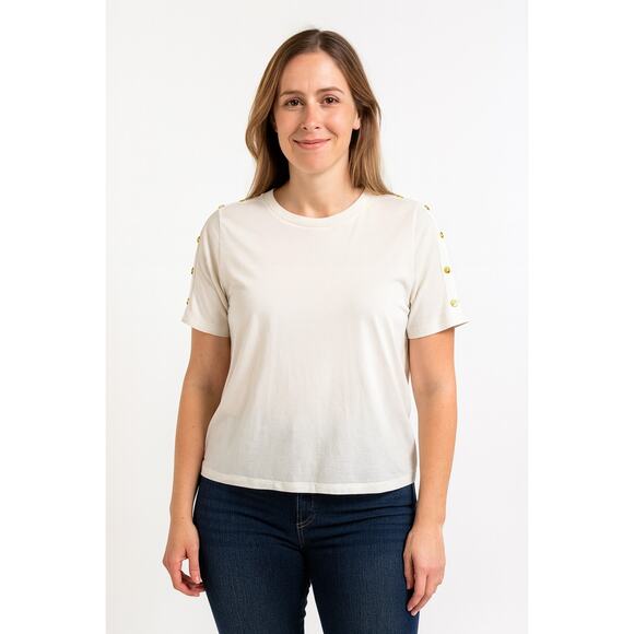 Martha Stewart Short Sleeve Top with Gold Button Shoulder Detail - Size Small - Picture 1 of 6